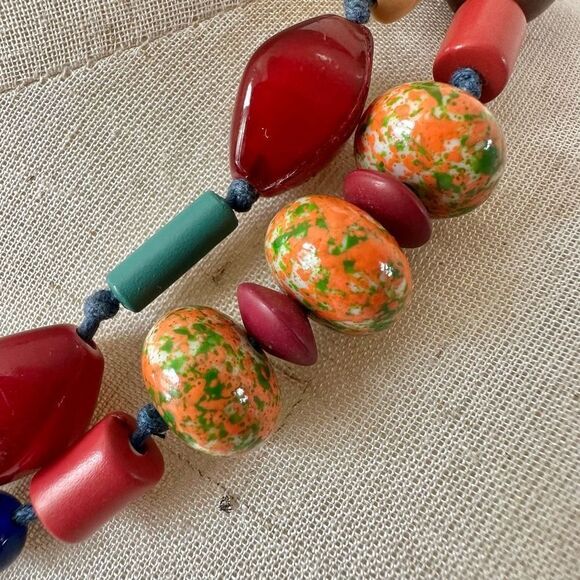 Red orange and blue long beaded necklace - Picture 3 of 9